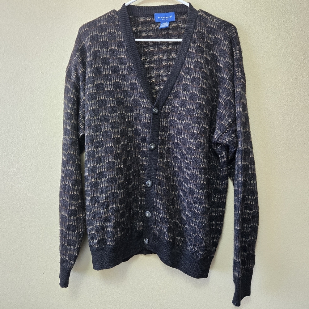 Classic Checkered Towncraft Cardigan Large Grandpa Sweater Oversized Chunky Knit